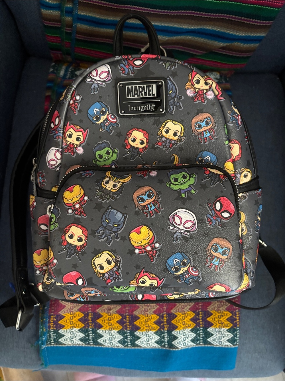 Loungefly Marvel Chibi Characters Black Mini Backpack with Colorful Prints